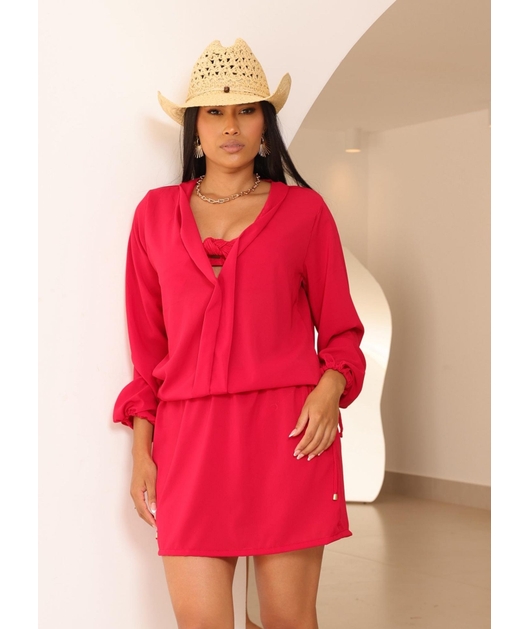 SAÍDA DE PRAIA NO MUSSELINE CHEMISSE VERMELHA COLEÇÃO SOLARE