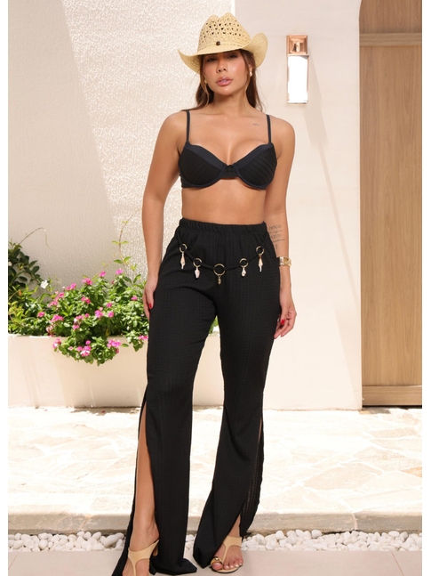 SAÍDA DE PRAIA CALÇA COM CINTO PRETA COLEÇÃO VERANEIO