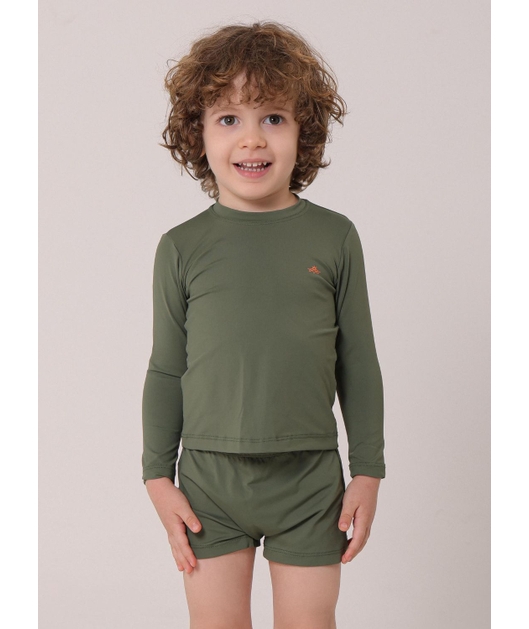 CONJUNTO INFANTIL DE PROTEÇÃO UV CAMISA COM SUNGA VERDE MILITAR