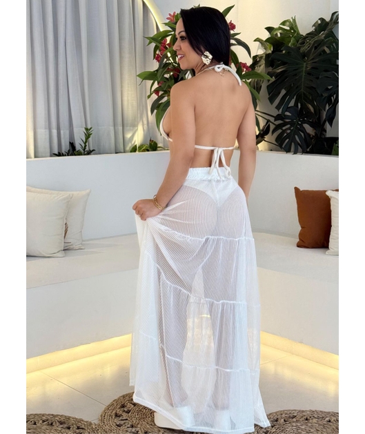 SAÍDA DE PRAIA SAIA LONGA TULE EM LISTRAS OFF WHITE