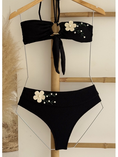 BIQUÍNI TOP ARGOLA CALCINHA TALA PRETO COLEÇÃO ESSENCIA BORDADAS