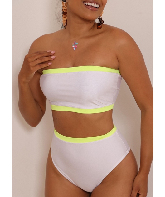 BIQUÍNI TOP FAIXA CALCINHA HOT PANTS BRANCO COM VERDE NEON COLEÇÃO ESQUENTA FOLIA