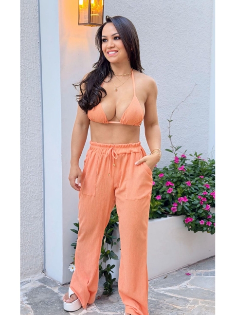 SAÍDA DE PRAIA CALÇA COM BOLSOS NO CHIFFON LARANJADA LOOKFI4896
