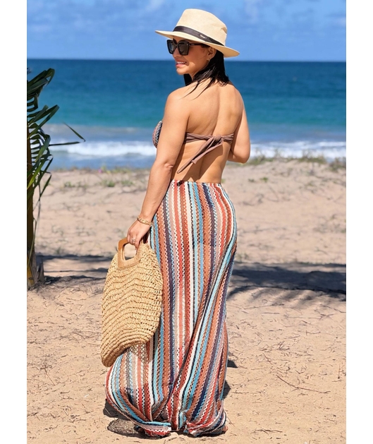 CONJUNTO BIQUÍNI TOP ARGOLA CALCINHA ASA DELTA COM SAIA LONGA MARROM COLEÇÃO CARIBENHA II