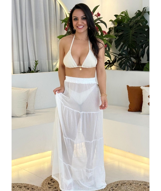 SAÍDA DE PRAIA SAIA LONGA TULE EM LISTRAS OFF WHITE