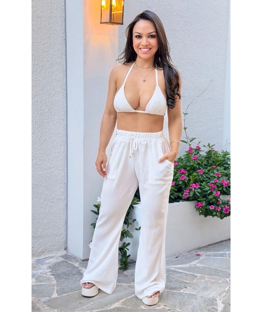 SAÍDA DE PRAIA CALÇA COM BOLSOS NO CHIFFON OFF WHITE