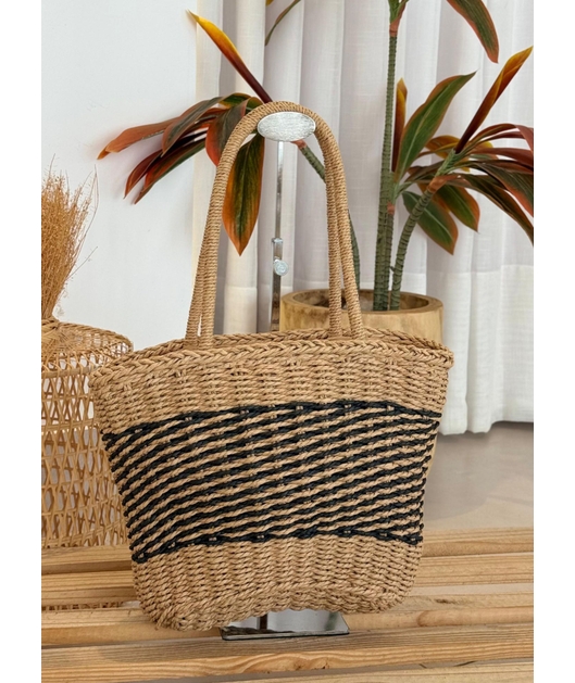 BOLSA DE PALHA MEDIA BEGE COM LISTRAS PRETA