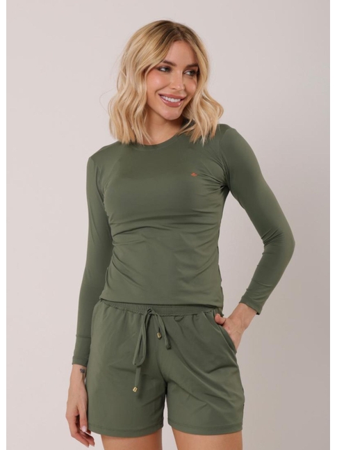 CONJUNTO FEMININA DE PROTEÇÃO UV CAMISA COM SHORT VERDE MILITAR