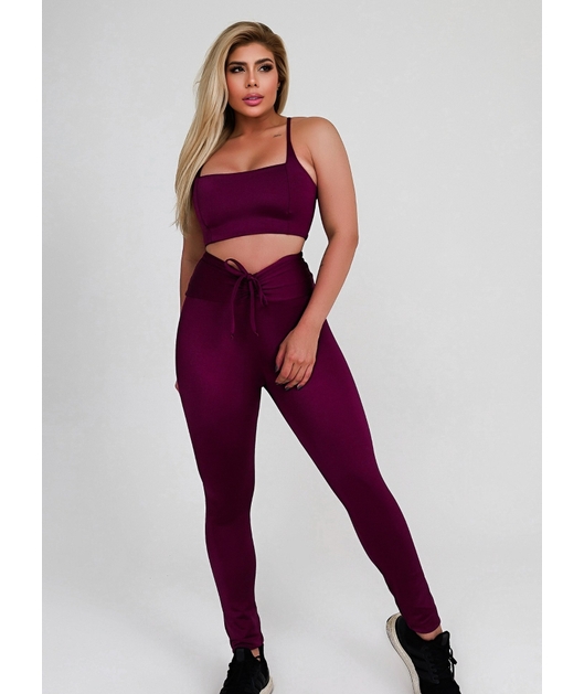 CONJUNTO FIT TRILOBAL TOP ALCA CALÇA COS ALTO PLISSADO MALBEC