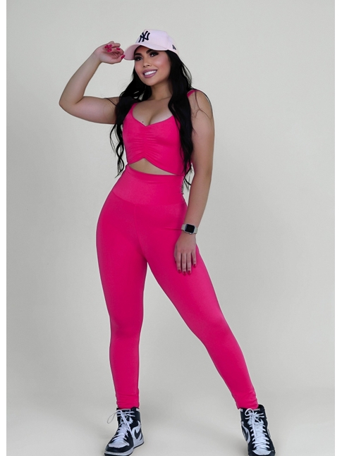 CONJUNTO FIT TRILOBAL TOP PLISSADO CALÇA COS ALTO ROSA