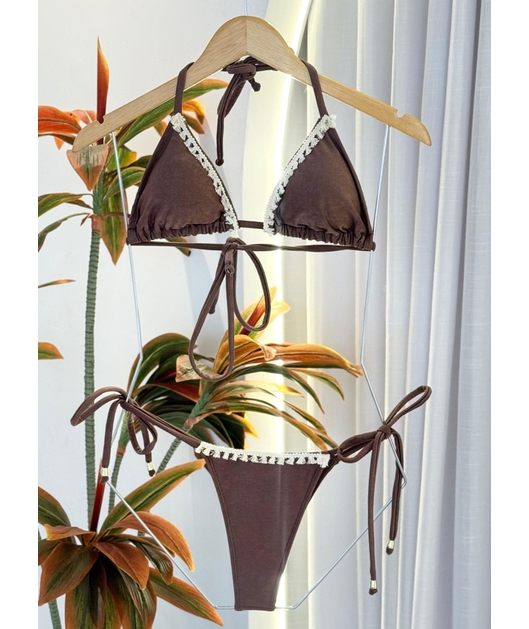 BIQUÍNI CORTININHA GRIPIR CALCINHA DE AMARRAR MARROM