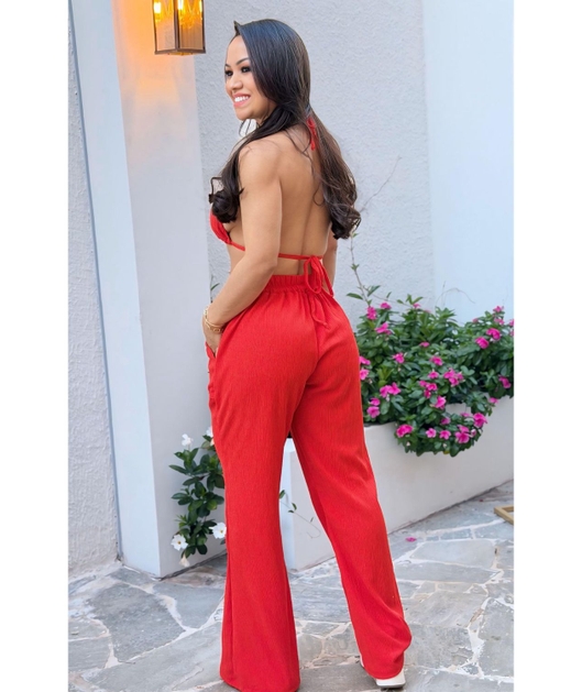 SAÍDA DE PRAIA CALÇA COM BOLSOS NO CHIFFON VERMELHO CAQUI