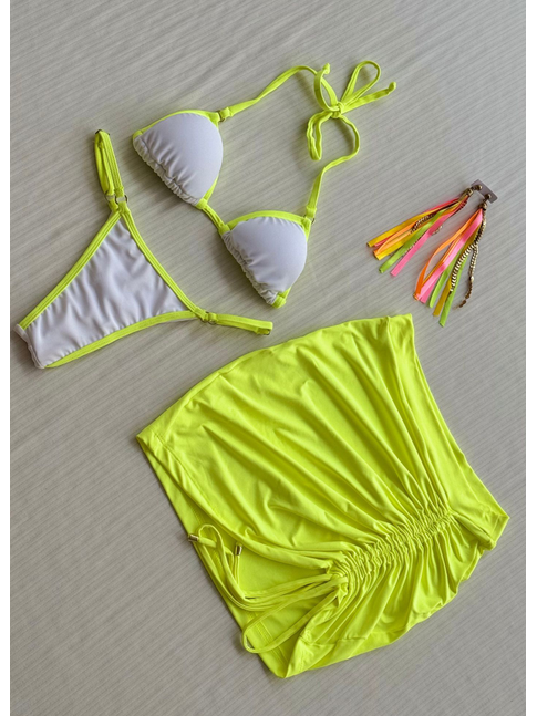 COMBO DE CARNAVAL BIQUÍNI CORTININHA BRANCO E MINI SAIA VERDE NEON COLEÇÃO ESQUENTA FOLIA
