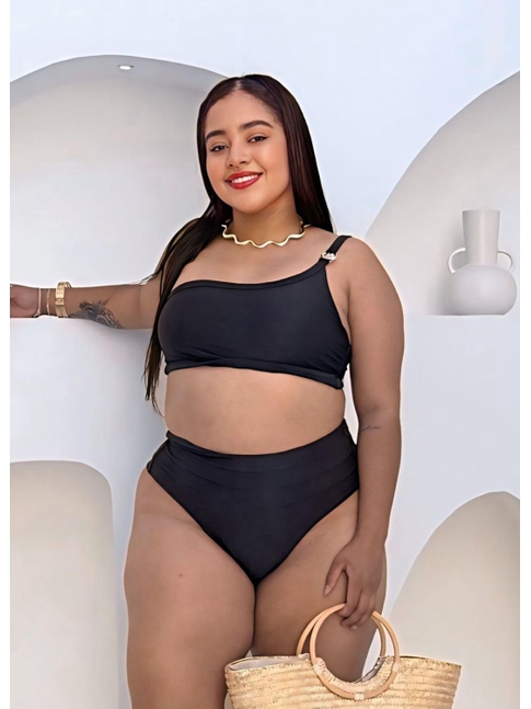 BIQUÍNI TOP NULA MANGA CALCINHA ALTA PRETO