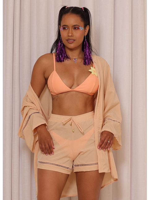 SAÍDA DE PRAIA CONJUNTO KIMONO COM SHORT LARANJA CLARO COLEÇÃO FOLIA