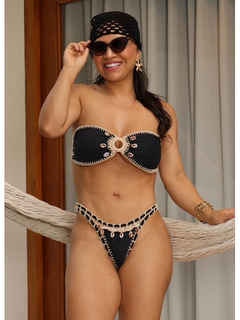 BIQUÍNI TOP CROCHÊ CALCINHA FIO PRETO COLEÇÃO HANDMADE
