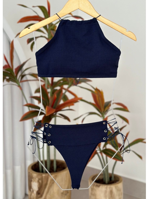 BIQUÍNI TOP FRENTE ÚNICA CALCINHA TRANÇADA AZUL MARINHO
