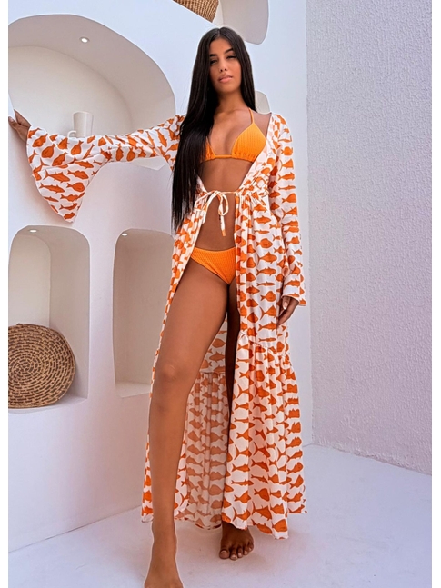 SAÍDA DE PRAIA LONGA COM AMARRAÇÃO ESTAMPA MARÉ DE PEIXES LARANJADA COLEÇÃO SARDENHA