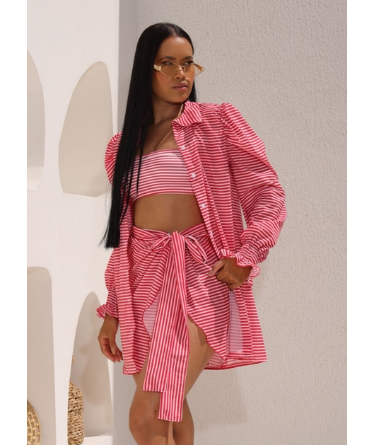 SAÍDA DE PRAIA CAMISA COM PAREÔ LISTRA VERMELHA COLEÇÃO VERÃO EUROPEU
