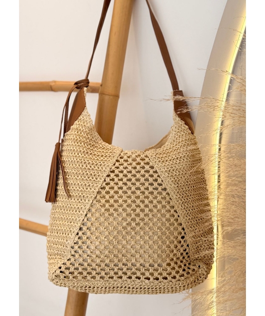 BOLSA DE PALHA SACO EM TRAMA ABERTA COM ALÇA MARROM
