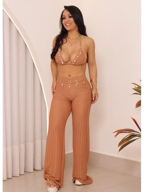 SAÍDA DE PRAIA CALÇA COM CINTO MARROM COLEÇÃO FESTEJAR