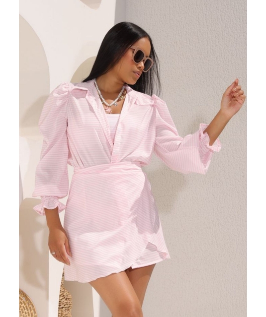 SAÍDA DE PRAIA CAMISA COM PAREÔ LISTRA ROSA COLEÇÃO VERÃO EUROPEU