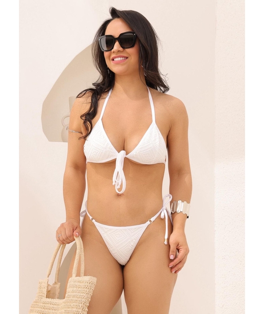 BIQUÍNI TOP AMARRAÇÃO FRONTAL CALCINHA DE AMARRAR BRANCO COLEÇÃO LUAL LOOK1469