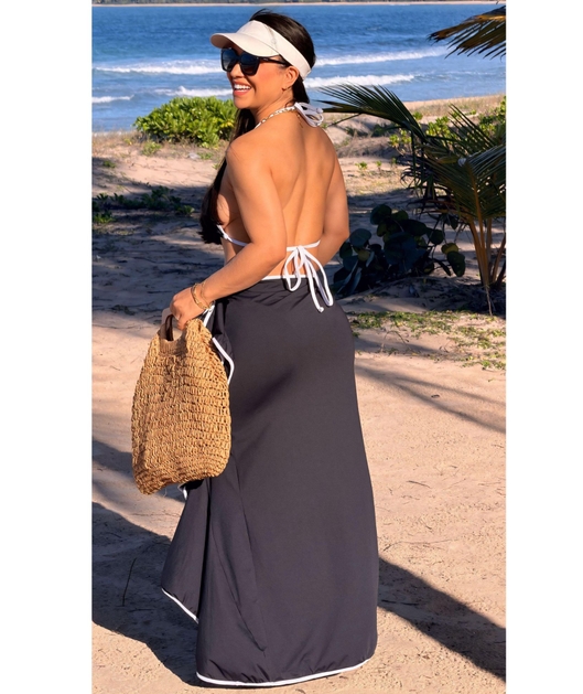 SAÍDA DE PRAIA SAIA BABADO PRETA COLEÇÃO CARIBENHA ISIHELEN