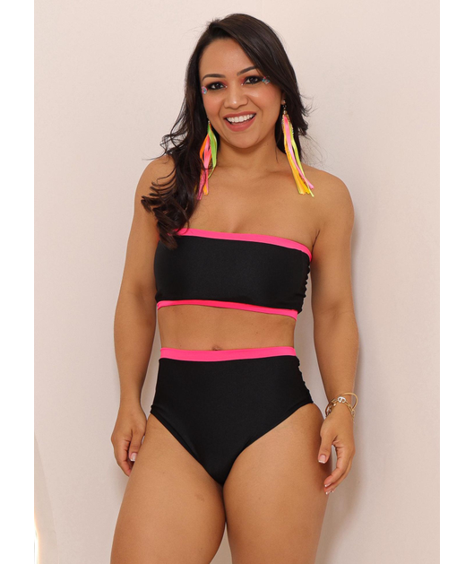 COMBO DE CARNAVAL BIQUÍNI TOP PRETO E MINI SAIA ROSA NEON COLEÇÃO ESQUENTA FOLIA