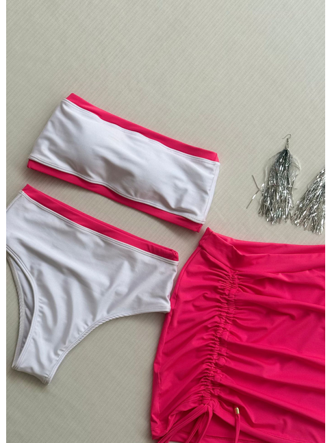 COMBO DE CARNAVAL BIQUÍNI TOP BRANCO E MINI SAIA ROSA NEON COLEÇÃO ESQUENTA FOLIA