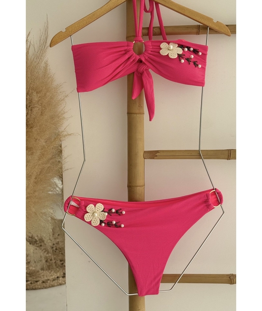 BIQUÍNI TOP ARGOLA CALCINHA TRADICIONAL ROSA NEON COLEÇÃO ESSENCIA BORDADAS