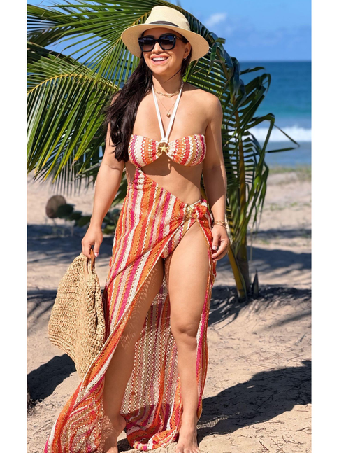 CONJUNTO BIQUÍNI TOP ARGOLA CALCINHA ASA DELTA COM SAIA LONGA LARANJA COLEÇÃO CARIBENHA II