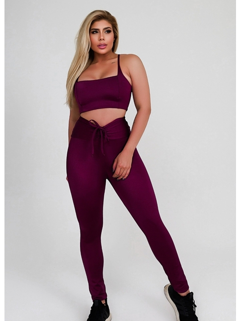CONJUNTO FIT TRILOBAL TOP ALCA CALÇA COS ALTO PLISSADO MALBEC