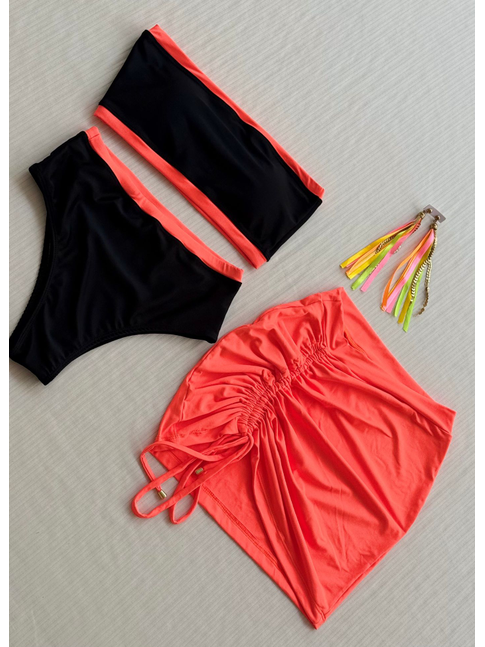 COMBO DE CARNAVAL BIQUÍNI TOP PRETO E MINI SAIA LARANJA NEON COLEÇÃO ESQUENTA FOLIA