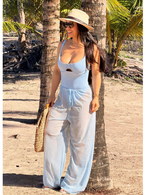 SAÍDA DE PRAIA CALÇA TULE EM LISTRA AZUL COLEÇÃO DULCE CARIBE