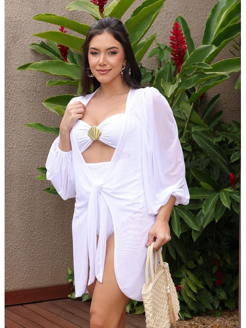 SAÍDA DE PRAIA MANGAS BUFANTES NO TULE BRANCA