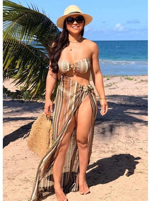 CONJUNTO BIQUÍNI TOP ARGOLA CALCINHA ASA DELTA COM SAIA LONGA VERDE COLEÇÃO CARIBENHA II