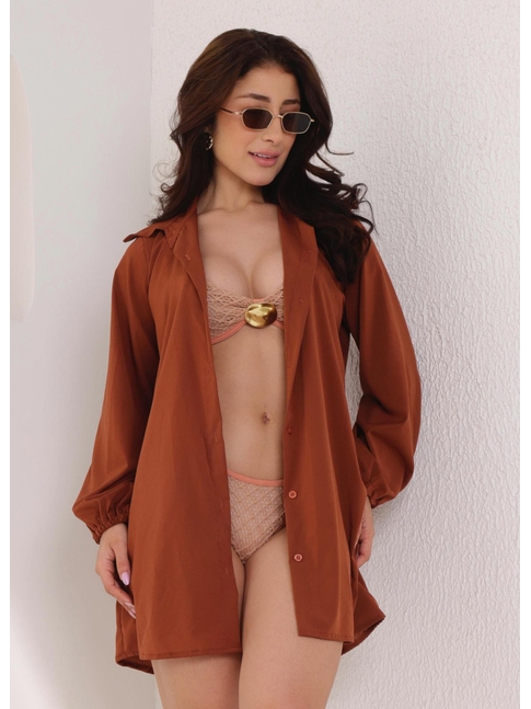 SAÍDA DE PRAIA CAMISA NA SEDINHA MARROM COLEÇÃO BÚZIOS