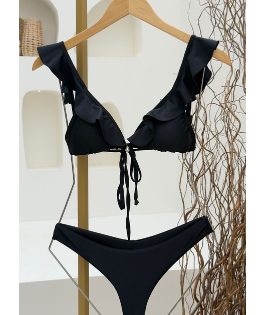 BIQUÍNI CORTININHA BABADO CALCINHA ASA DELTA PRETO COLEÇÃO COR DO PECADO