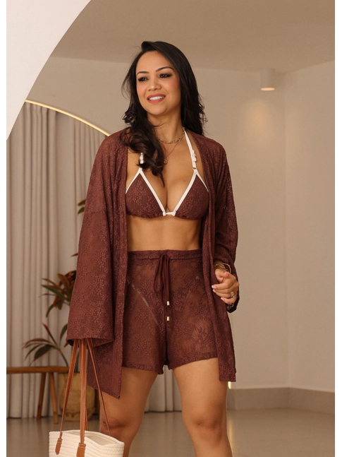 SAÍDA DE PRAIA CONJUNTO KIMONO COM SHORT NA RENDA MARROM COLEÇÃO ÁGUA VIVA