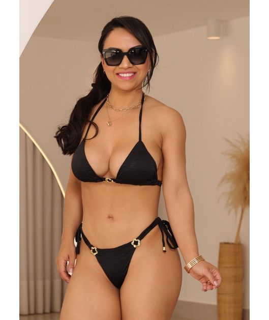 BIQUÍNI CORTININHA FLOR CALCINHA DE AMARRAR PRETO COLEÇÃO SOLARE