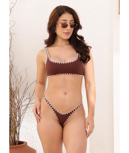 BIQUÍNI TOP CROCHÊ CALCINHA ASA DELTA MARROM