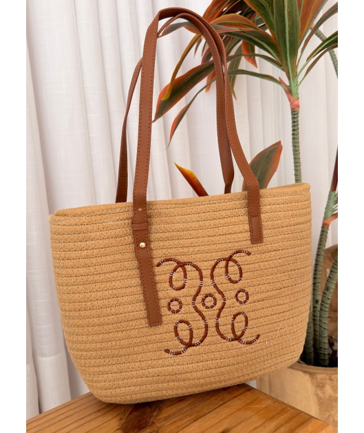 BOLSA MEDIA COM ALÇAS E BORDADO MARROM