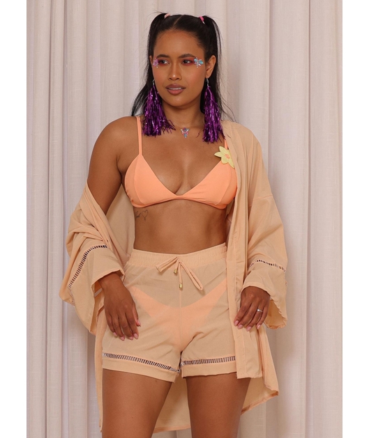 SAÍDA DE PRAIA CONJUNTO KIMONO COM SHORT LARANJA CLARO COLEÇÃO FOLIA