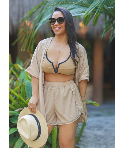 SAÍDA DE PRAIA KIMONO COM SHORT COR AREIA COLEÇÃO TRANCOSO