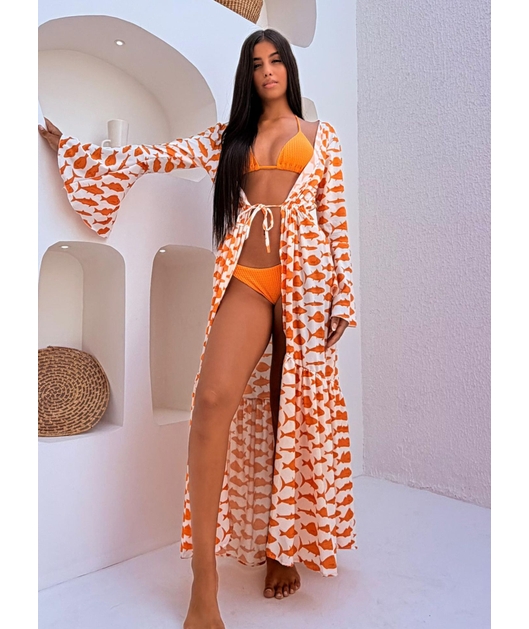 SAÍDA DE PRAIA LONGA COM AMARRAÇÃO ESTAMPA MARÉ DE PEIXES LARANJADA COLEÇÃO SARDENHA