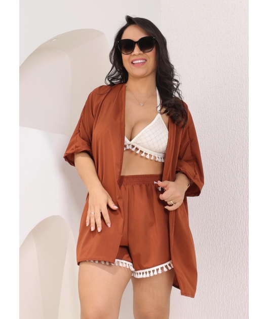 SAÍDA DE PRAIA KIMONO COM SHORT DE FRANJA MARROM COLEÇÃO BÚZIOS SA2468