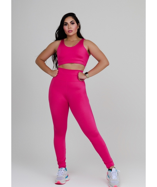 CONJUNTO FIT TRILOBAL TOP BASIC CALÇA COS ALTO FAIXA ROSA