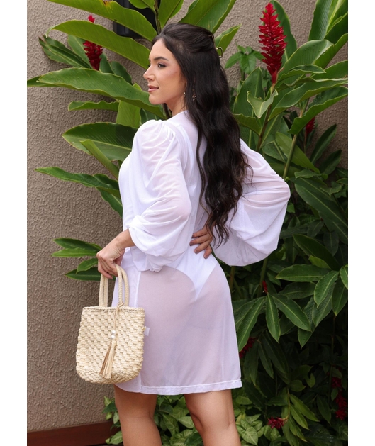 SAÍDA DE PRAIA MANGAS BUFANTES NO TULE BRANCA