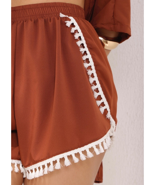 SAÍDA DE PRAIA KIMONO COM SHORT DE FRANJA MARROM COLEÇÃO BÚZIOS SA2468